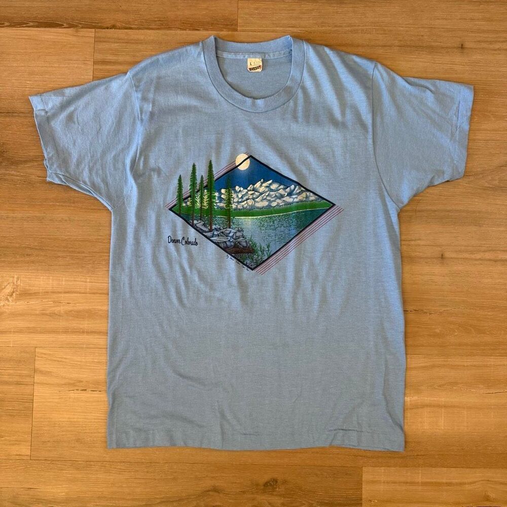 Vintage 80s Screen Stars Denver Colorado Single Stitch Blue T Shirt Size Large